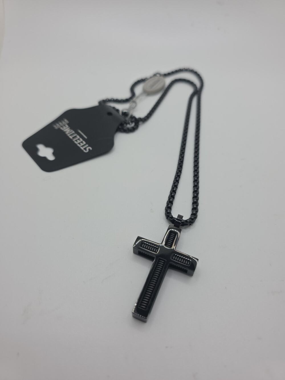 Steeltime Mens Stainless Steel Spring Inlay Cross Pendant Black
